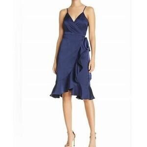 Aqua Bloomingdale’s Faux Wrap Mini Dress Sz L Navy Spaghetti Strap V-Neck